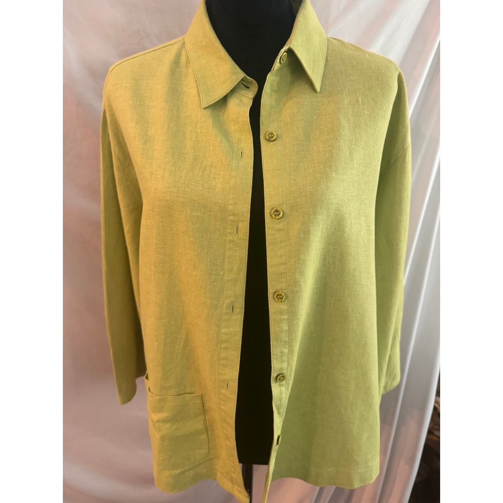 White Stag Lime Green Linen Blend Button Front Shirt Long Sleeve Women 14